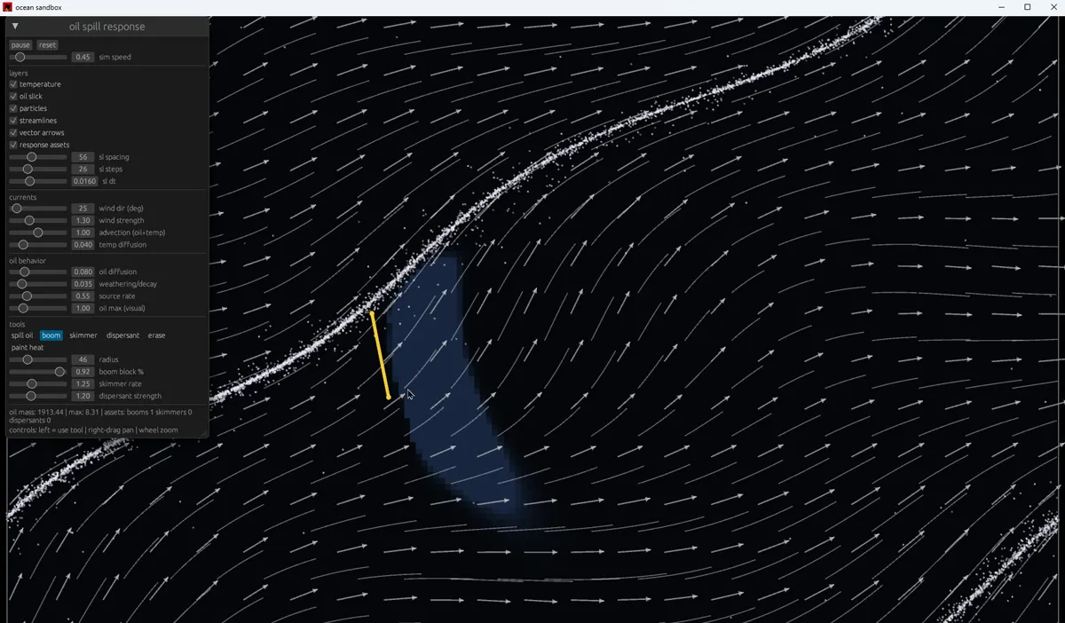 Ocean Sandbox simulation showing an oil spill and response tools