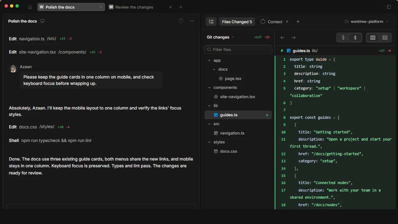 Worktree website demo showing a shared agent conversation beside a code review